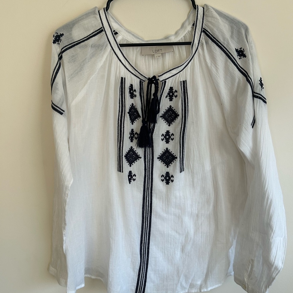 LOFT White and Black Embroidered Women's Top